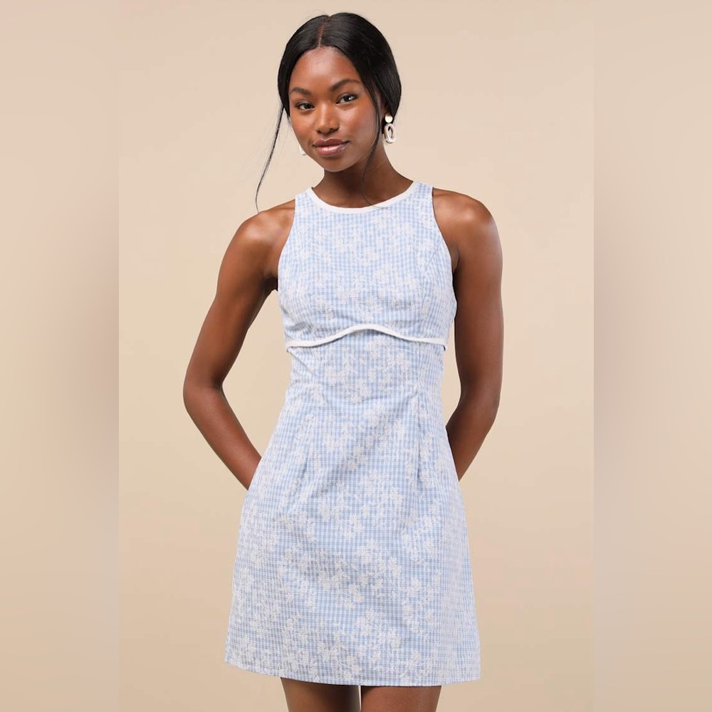 Lulus Blue Gingham Floral Embroidered Mini Dress Sleeveless White Piping Small